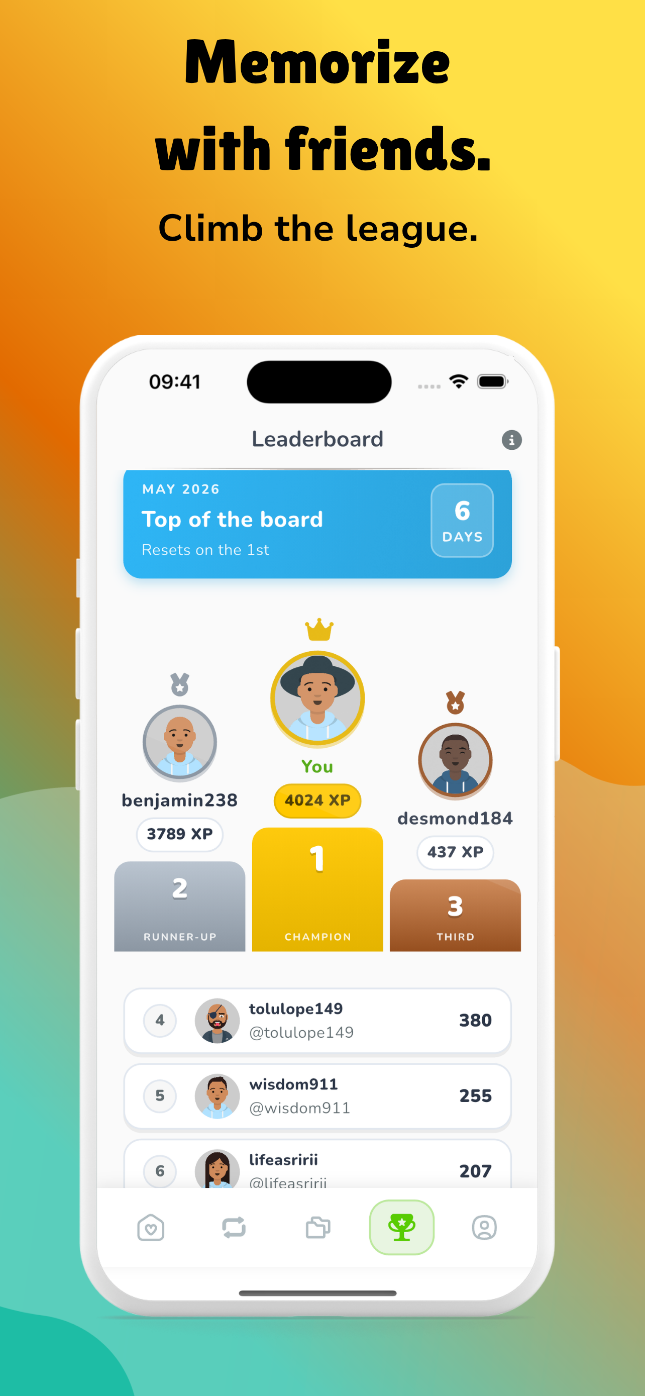 Memorize with friends — climb the league